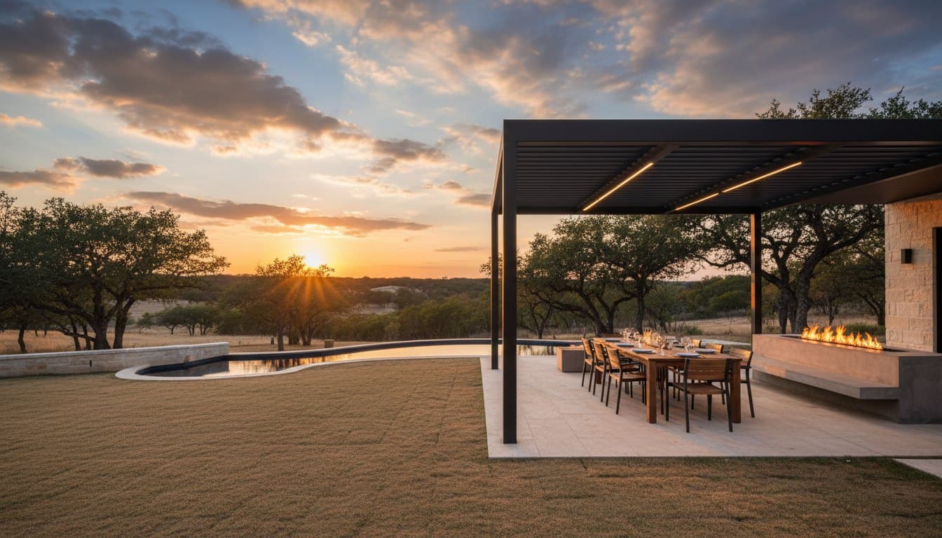 Louvered pergola outdoor room at golden hour