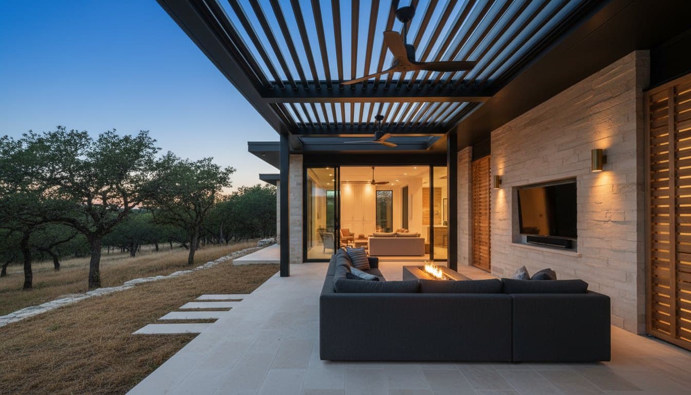 The Room: outdoor lounge with privacy screens and lighting