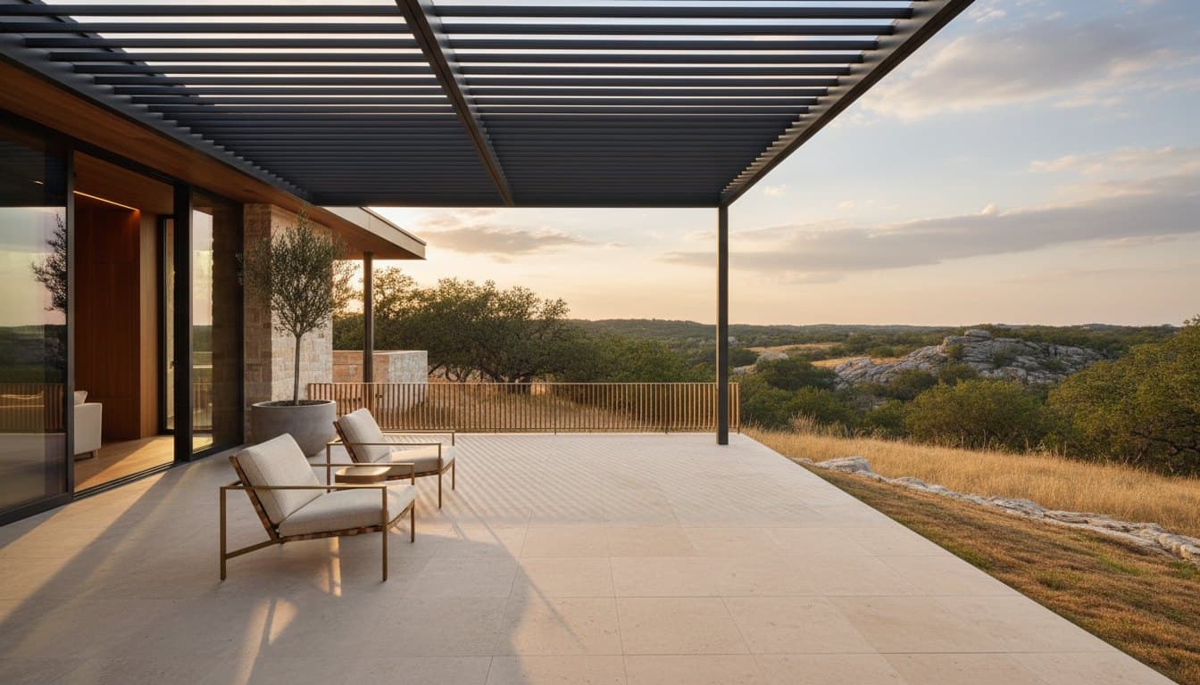 The Shade: louvered cover over a limestone patio