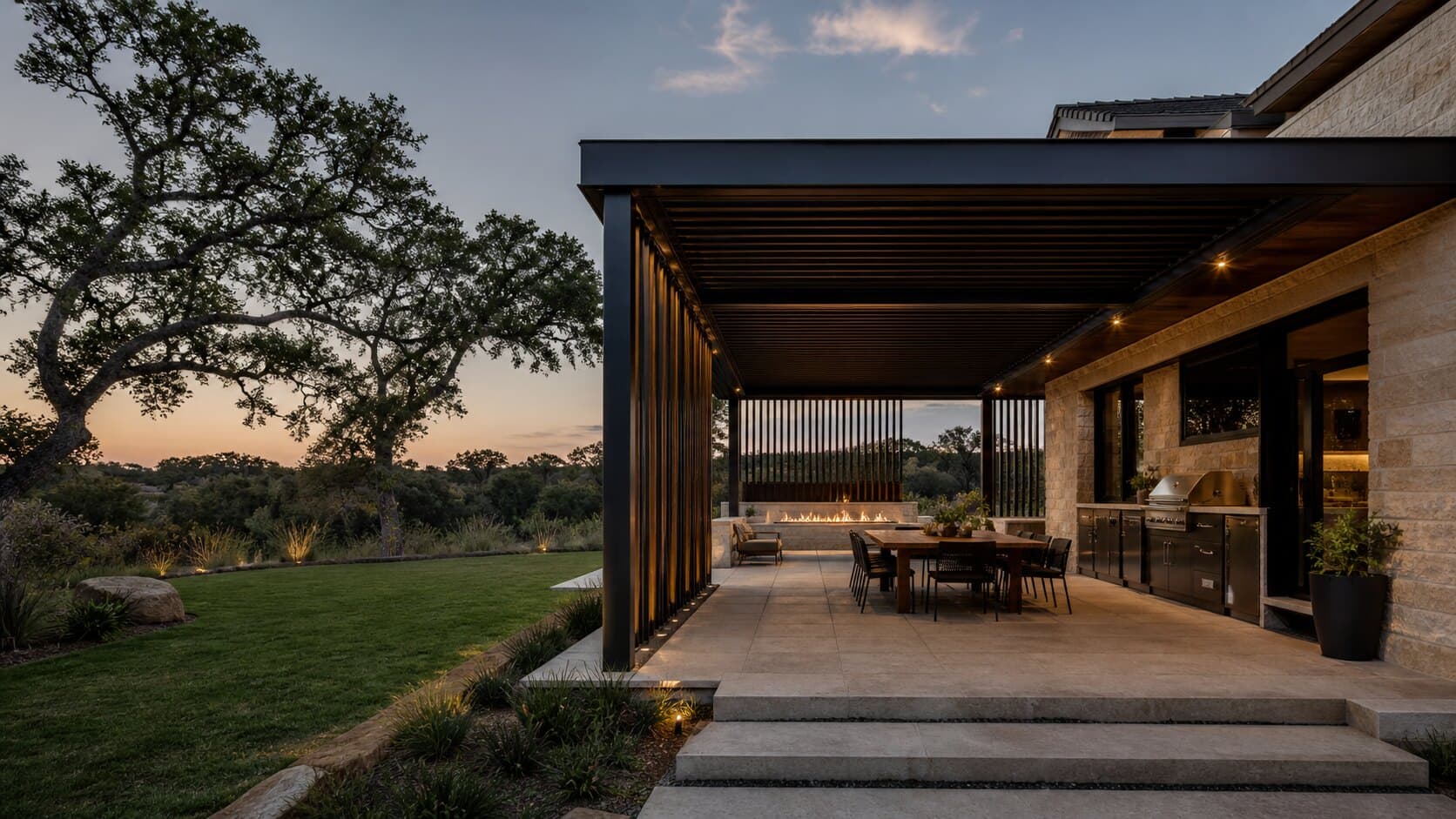 Modern louvered pergola with outdoor kitchen and fire feature at dusk